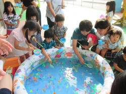 みんなで金魚すくい。 “それっ”